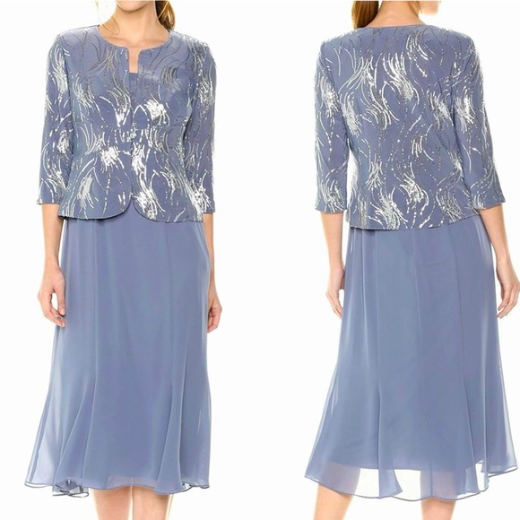 Alex Evenings Tea Length Jacket Dress Wedding Formal Events Steel Blue SZ 18 NEW - Picture 1 of 16